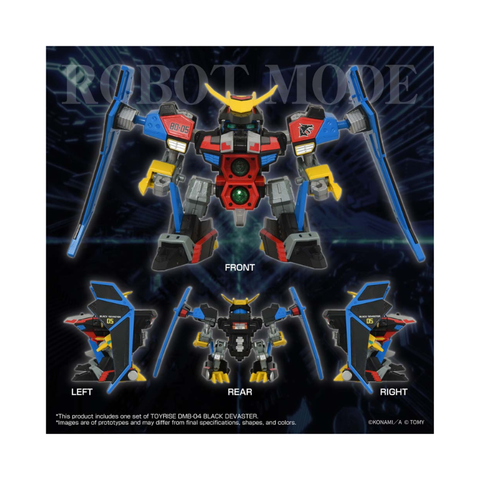 Black Devaster toy robot in robot mode, shown from front, left, right, and rear angles