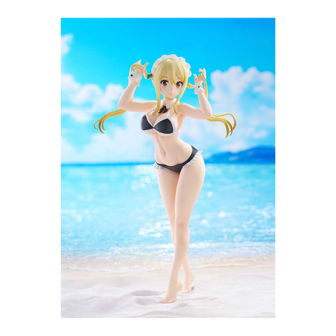 Anime girl collectible figurine in black bikini with blonde hair, posed on sandy beach background