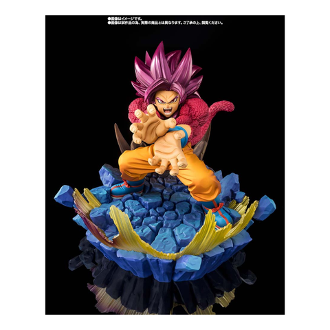 Anime collectible figure with spiky purple hair in dynamic pose on rocky base