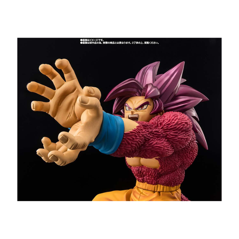 Anime action figure with spiky purple hair, red fur arms, and yellow pants in dynamic pose