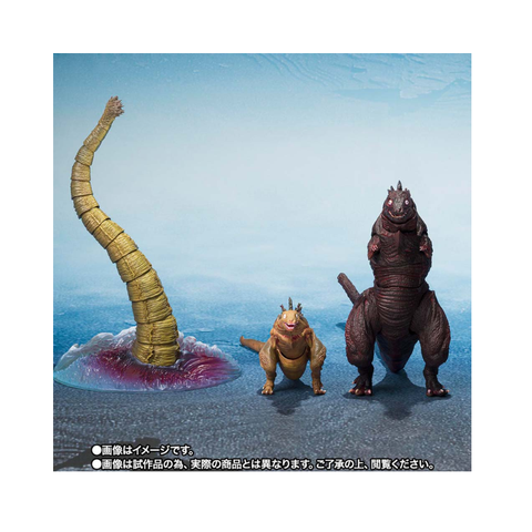 Three monster action figures on blue background, including a large kaiju and spiral tail accessory.