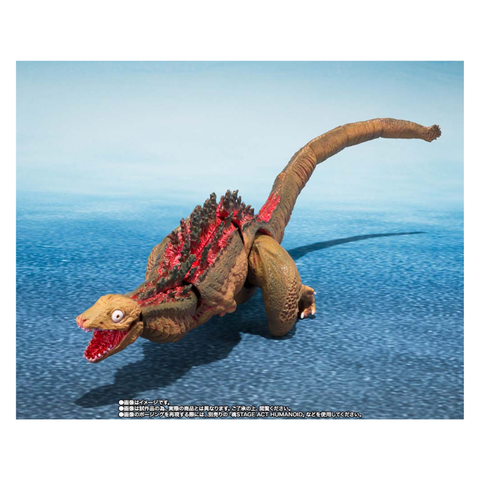 Dinosaur toy figure with spiked back and red accents on a blue background