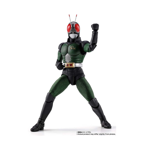 Green and black action figure with red eyes and antennas in dynamic pose on white background