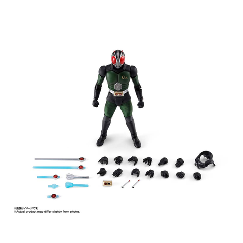 Action figure with red-eyed helmet, green suit, multiple hands, accessories, and weapons on white background