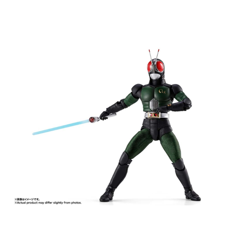 Action figure with red eyes, green and black armor, and blue sword on white background