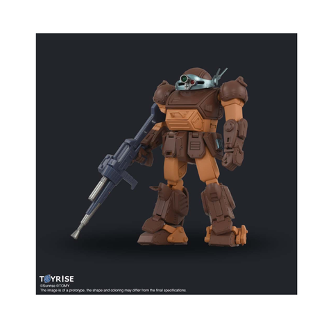 Brown and orange robot action figure with rifle, collectible toy on black background