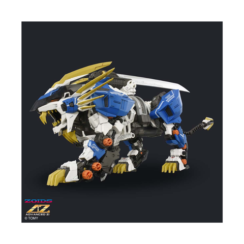 Zoids AZ Advanced Z model kit, robotic lion toy with blue, white, and gold armor on a black background