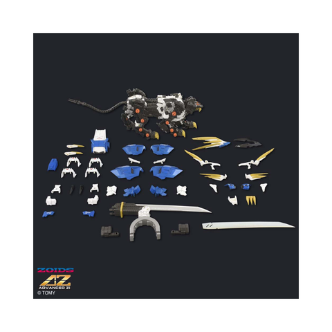 Zoids model kit pieces and accessories on black background, including mechanical animal parts, blue and gold armor, sword.