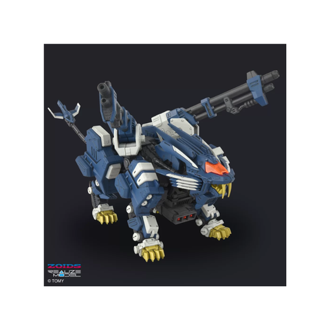 Blue robotic lion toy with mechanical details, weapons and gold claws on black background