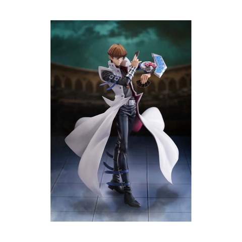 Anime character action figure with long white coat and card device on arm in dark arena setting