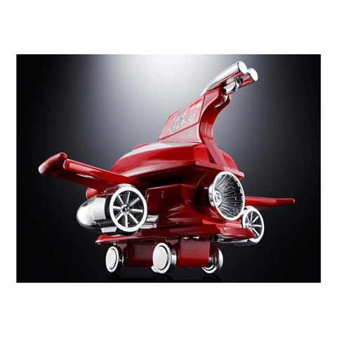 Red toy jet airplane collectible with chrome accents on dark gradient background