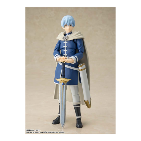Anime knight action figure with blue hair, blue uniform, white cape, and large sword