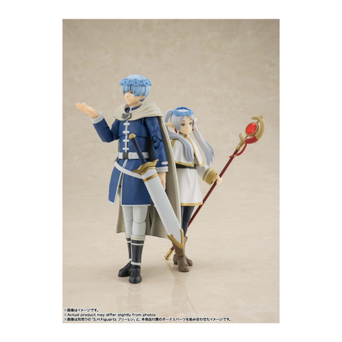 Anime-style action figures with blue hair, fantasy outfits, sword and staff collectible toys