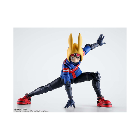 Articulated anime action figure in dynamic pose, wearing blue coat and yellow bunny-eared hood