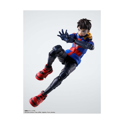 Anime action figure in dynamic pose, blue and red outfit, collectible toy