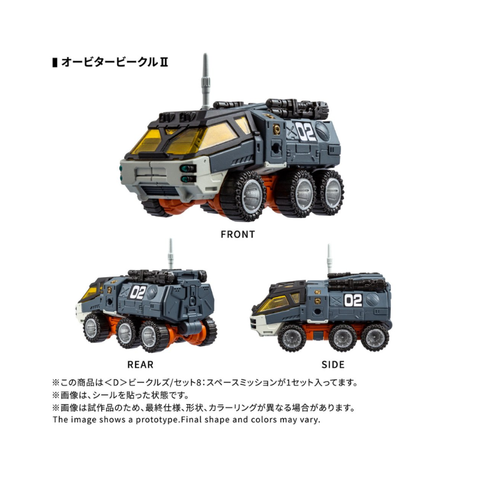 Futuristic toy armored vehicle with antennas, six wheels, and number 02, shown front, rear, side