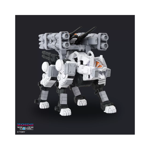 Robot animal toy with missile launchers, grey and white collectible action figure on black background