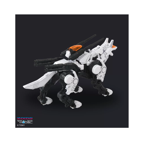 White and black robotic wolf toy with cannons and orange cockpit on a black background