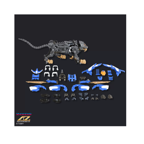Mechanical panther model kit with blue, white, and gold assembly parts displayed on a dark background.