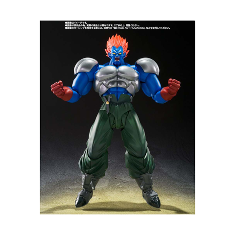 Action figure of muscular blue-skinned warrior with orange hair, armored chest, and green pants