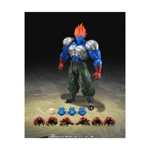 Action figure with blue skin, orange hair, armor, and interchangeable heads and hands on display