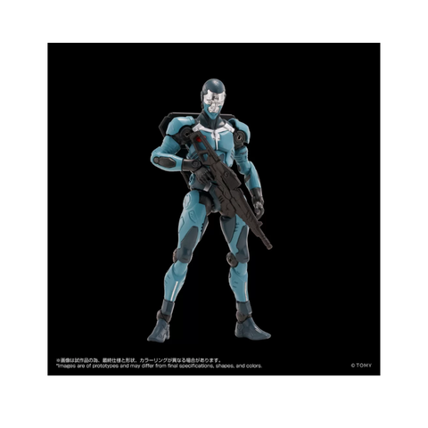 Blue armored action figure with helmet and large black rifle collectible toy