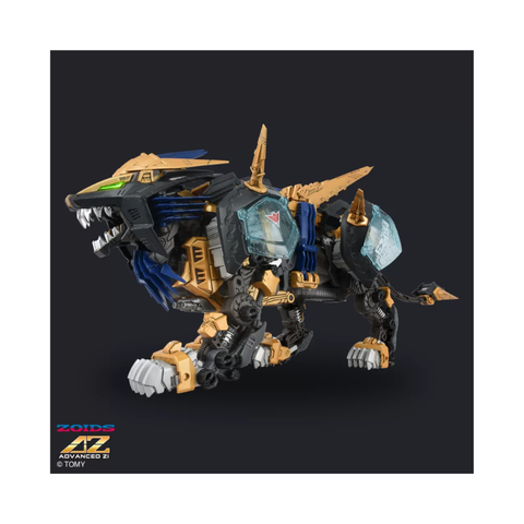 Mechanical lion robot toy with gold, black, and blue details on dark background