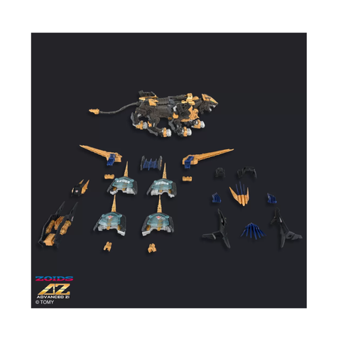 Zoids mechanical model toy parts laid out on a black background, ready for assembly.