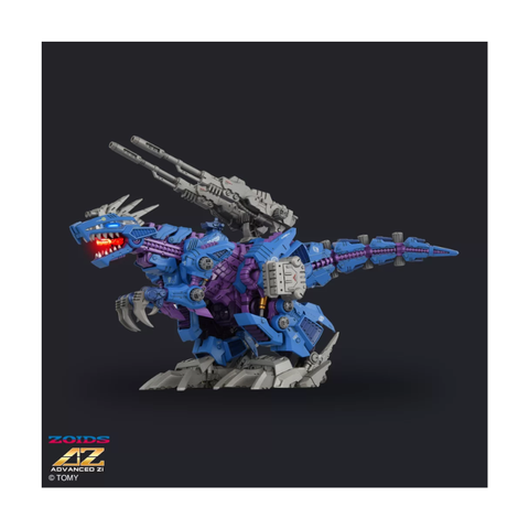 Blue and purple robotic dinosaur toy with missile launchers and glowing red mouth on dark background