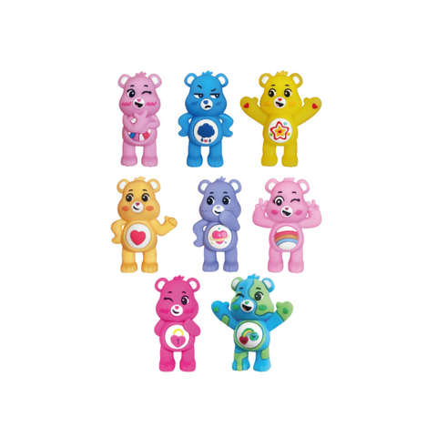 Colorful collectible bear figurines with unique belly symbols on a white background