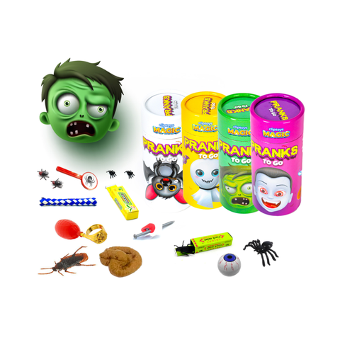 Kids prank toys set with four colorful tubes, fake bugs, eyeball, and novelty items.