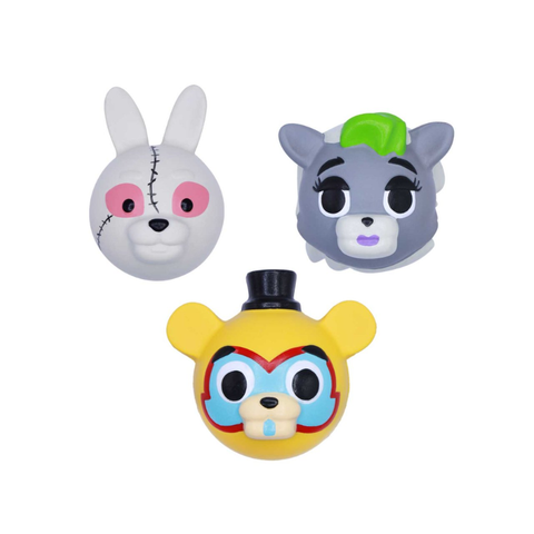Three colorful animal collectible toy heads with cartoon faces, including a rabbit, wolf, and bear.