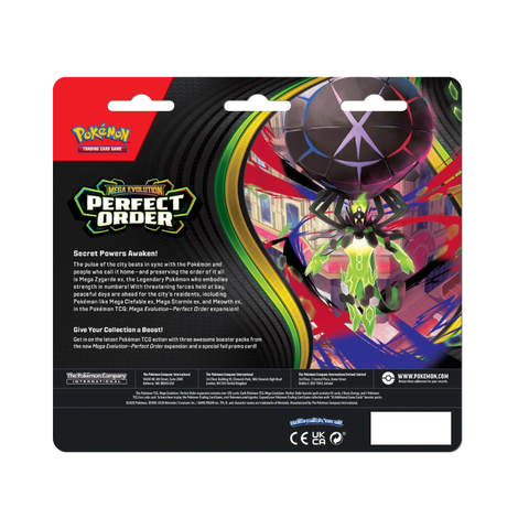 Pokemon TCG Mega Evolution Perfect Order booster pack with colorful Zygarde artwork