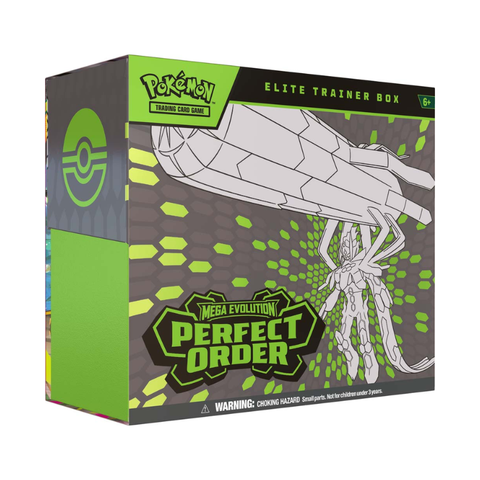 Pokemon Mega Evolution Perfect Order Elite Trainer Box with hexagonal pattern and Ultra Beast design
