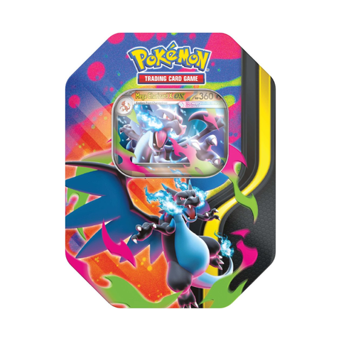 Pokémon Mega Charizard X EX trading card game tin with colorful design