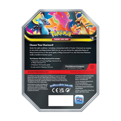 Back of Pokémon TCG Mega Charizard tin with Charizard artwork and product details