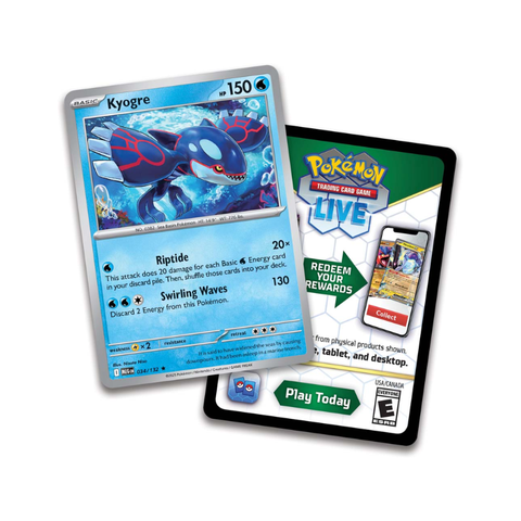 Kyogre Pokémon trading card with digital game code card on white background