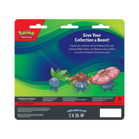 Pokémon TCG card pack featuring Oddish, Gloom, Vileplume artwork on colorful background
