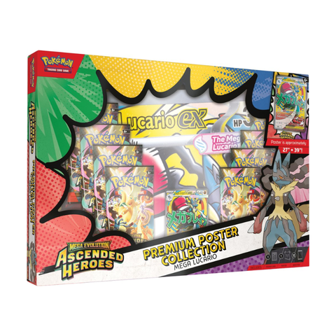 Pokemon Mega Lucario Ascended Heroes premium poster collection box set with trading cards and poster.
