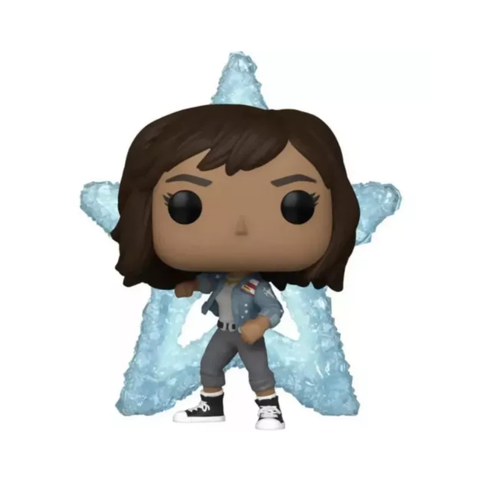 Vinyl collectible figure of a girl in gray outfit with star-shaped blue crystal backdrop
