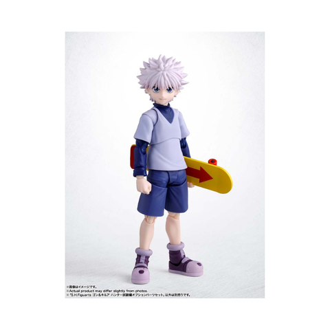 Anime action figure with white hair, holding a yellow skateboard, purple outfit, collectible toy