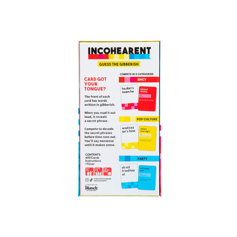 Incohearent guess the gibberish card game box with spicy, pop culture, party categories for family fun