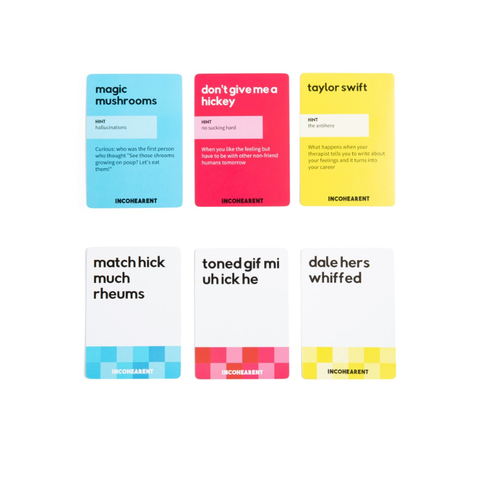 Colorful Incohearent game cards with funny phrases and hints for wordplay fun
