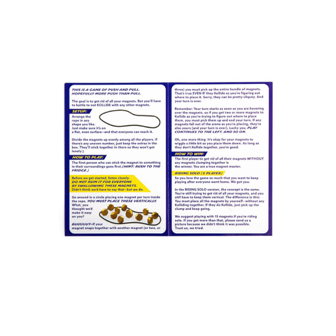 Game instructions for magnetic push-and-pull toy with setup, gameplay, and solo mode rules