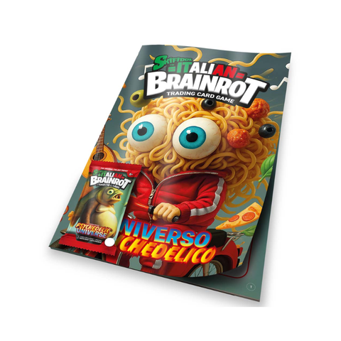 Italian Brainrot Trading Card Game with quirky noodle character and psychedelic universe pack