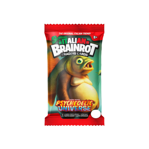 Italian Brainrot Trading Cards Psychedelic Universe pack with fish artwork, 7 cards including 1 special