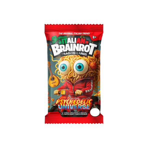 Italian Brainrot Trading Cards Psychedelic Universe Alpha Series pack with 7 cards, 8+ age, featuring noodle character