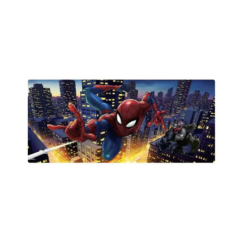 Superhero swinging through city skyline, with villains on rooftop, comic style illustration