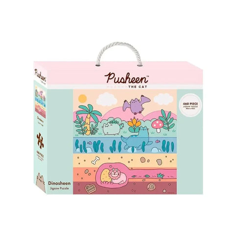 Pusheen dinosaur jigsaw puzzle box with cute pastel dinosaur cats illustration, 460 pieces.