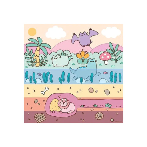Cute cartoon dinosaur cats and bat in pastel landscape with plants, water, and underground scene